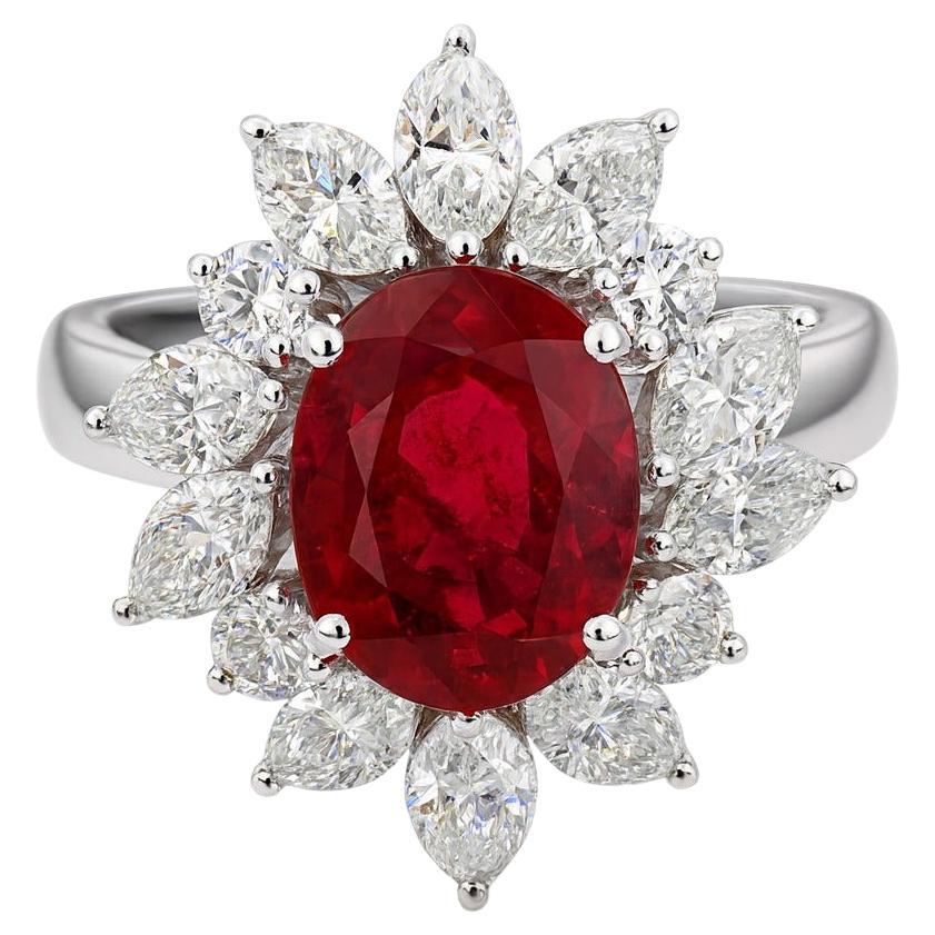 GIA Natural Red Ruby NO HEAT 3.28 CT Platinum Diamond Ring For Sale
