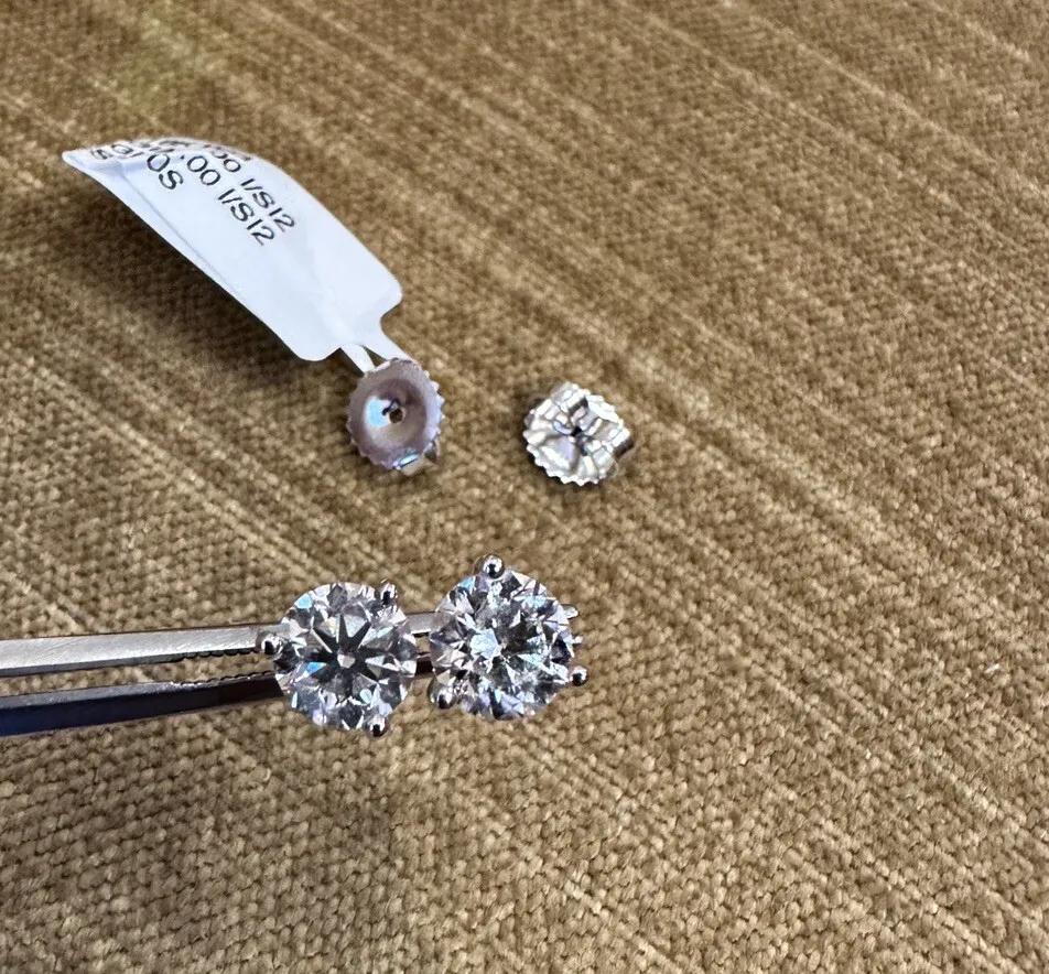 Women's or Men's GIA Natural Round Diamond Studs 2.00 Carat Total in 18k White Gold For Sale