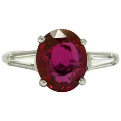 Vintage GIA Natural Ruby Engagement Ring 4 Carat Diamond Baguette Oval Solitaire 3 Stone