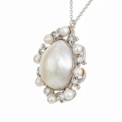 GIA Natural Saltwater Pearl Diamond Platinum Gold Edwardian Pendant Necklace