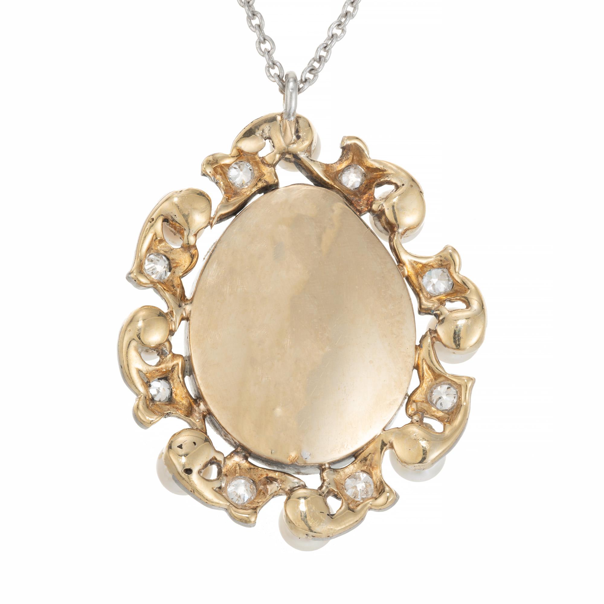 Round Cut GIA Natural Saltwater Pearl Diamond Platinum Gold Edwardian Pendant Necklace For Sale