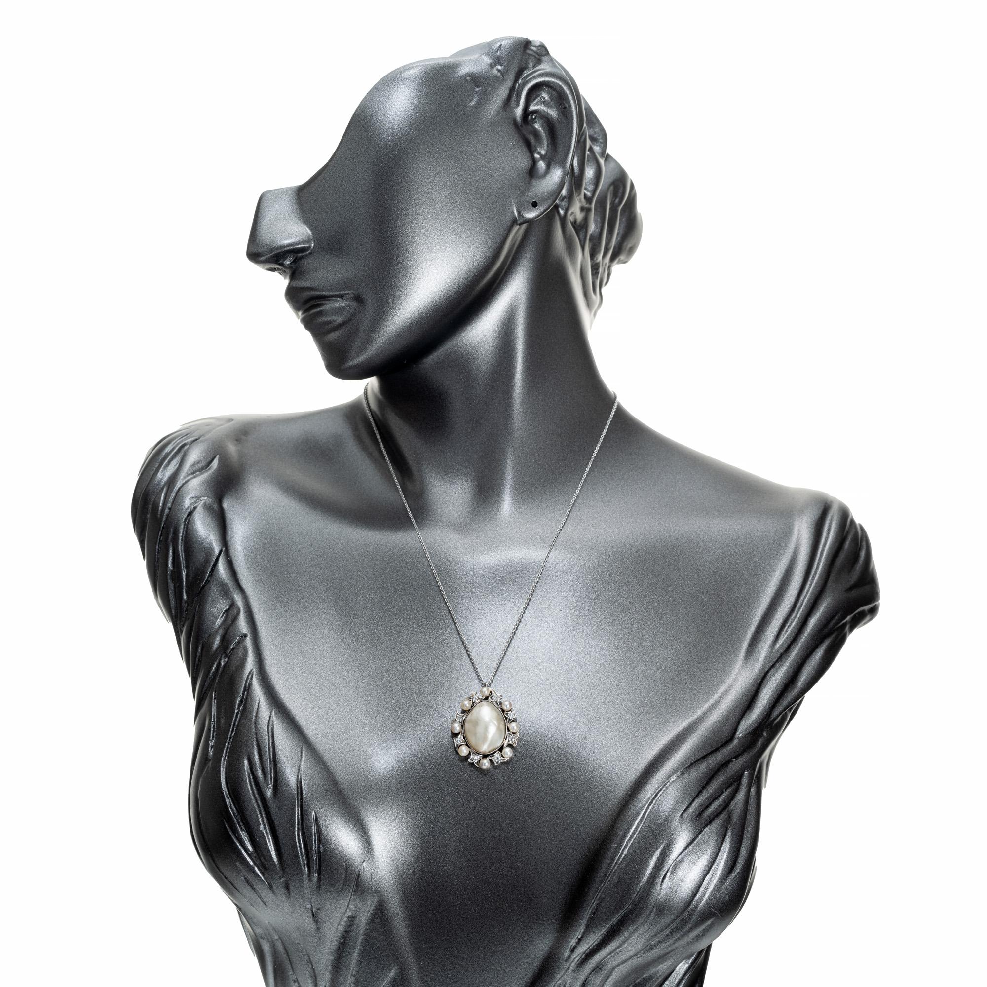 Halskette mit Edwardianischem Anhänger, GIA natürliche Salzwasserperle Diamant Platin Gold Damen im Angebot