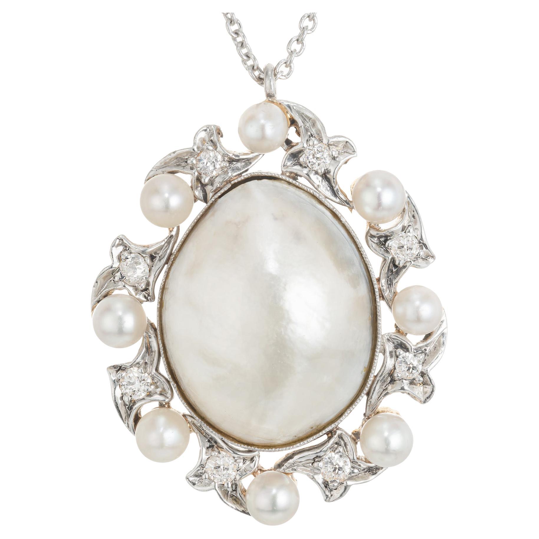 GIA Natural Saltwater Pearl Diamond Platinum Gold Edwardian Pendant Necklace