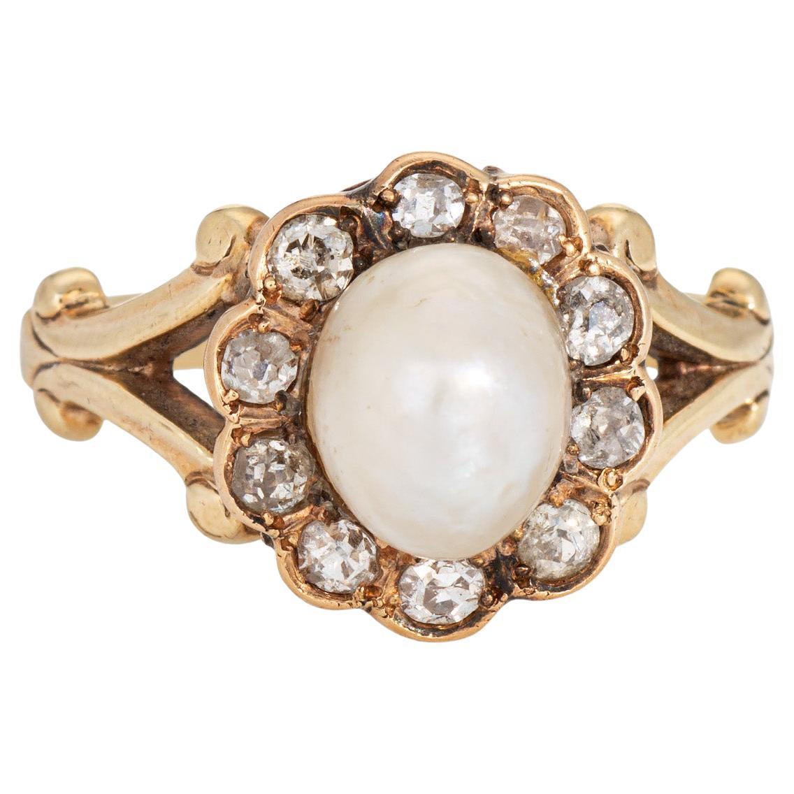 GIA Natürliche Salzwasser-Perle Ring antiken viktorianischen Diamant 14k Gold Sz 6,5