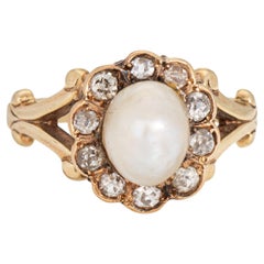 GIA Natural Saltwater Pearl Ring Antique Victorian Diamond 14k Gold Sz 6.5