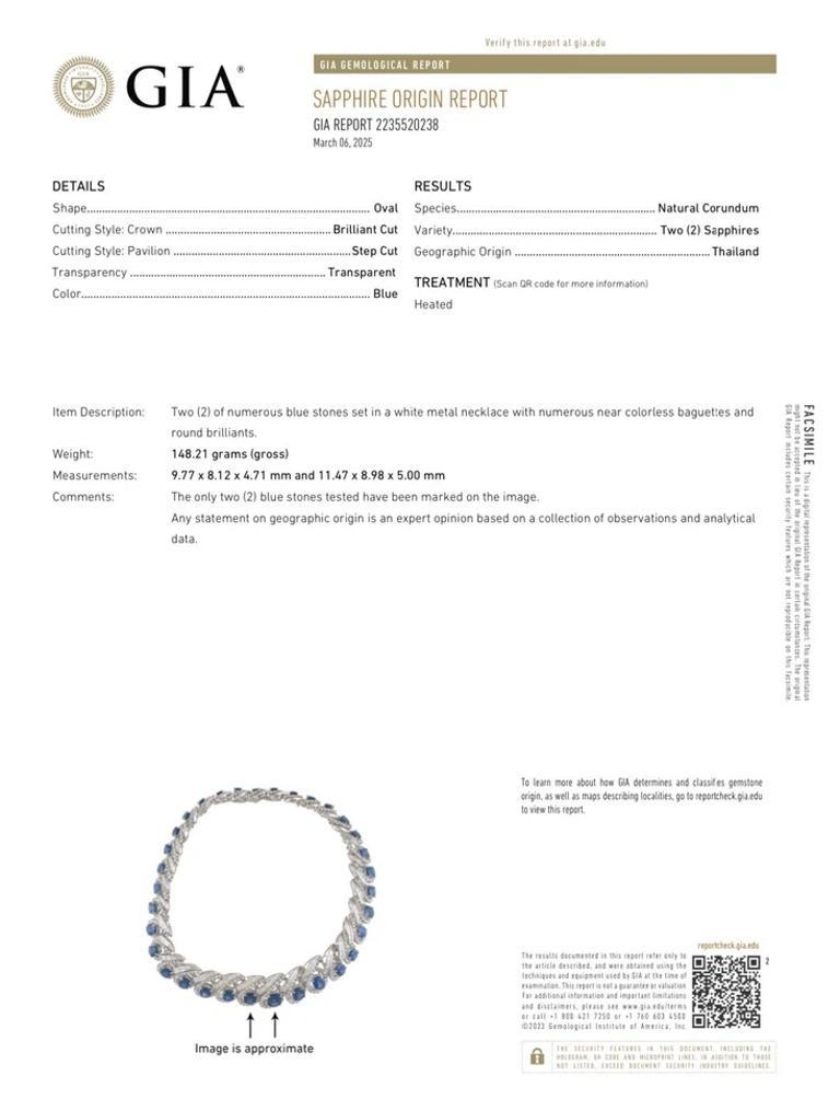 GIA Certified Sapphire & Diamond Collar Necklace in 18k White Gold 

Custom made Sapphire necklace features a crescent and swirl links pattern made of 33 natural Oval cut Sapphires, weighing approximately 85 carats in total, set with 616 Round