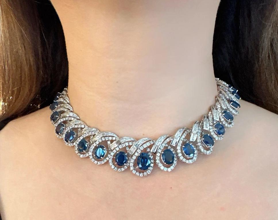 Oval Cut GIA Natural Sapphire and Diamond Collar Necklace in 18k White Gold For Sale
