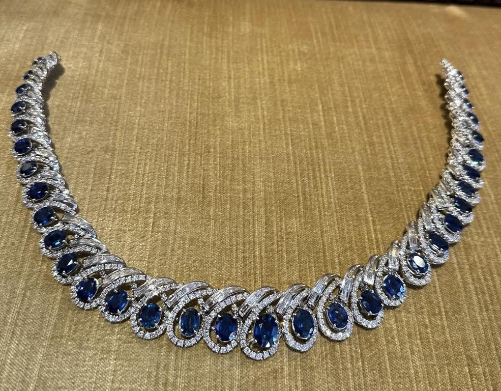 GIA Natural Sapphire and Diamond Collar Necklace in 18k White Gold In Excellent Condition For Sale In La Jolla, CA