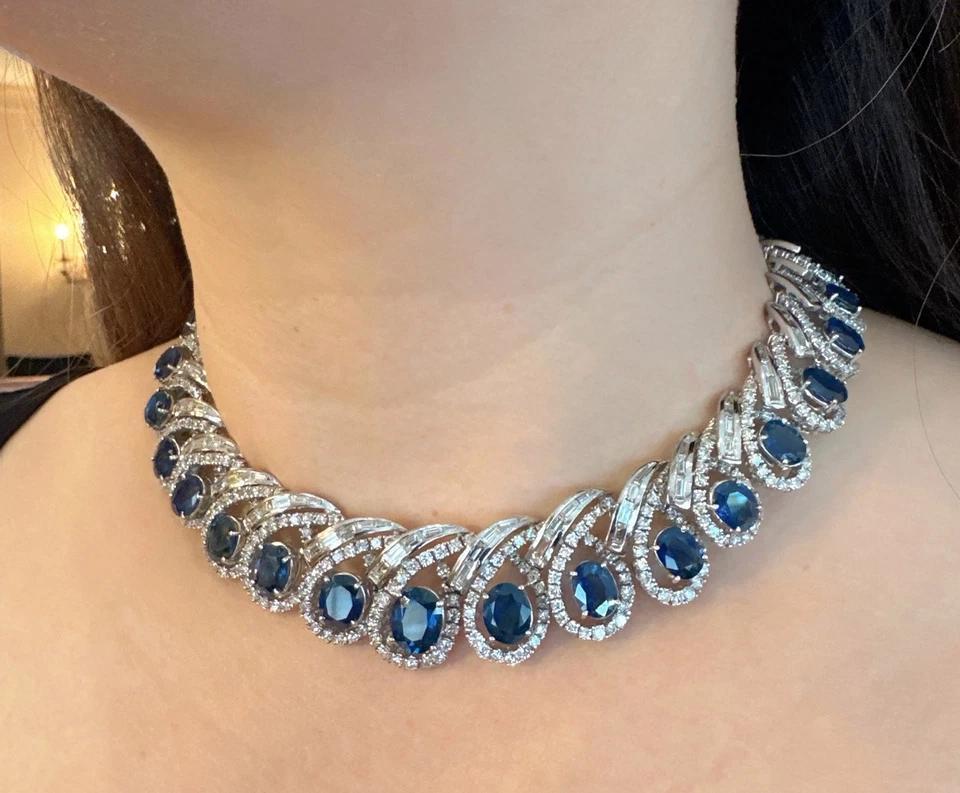 Women's GIA Natural Sapphire and Diamond Collar Necklace in 18k White Gold For Sale