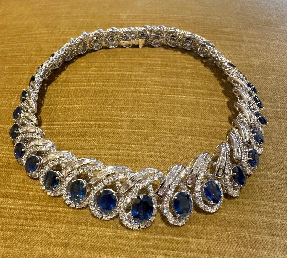 GIA Natural Sapphire and Diamond Collar Necklace in 18k White Gold For Sale 1