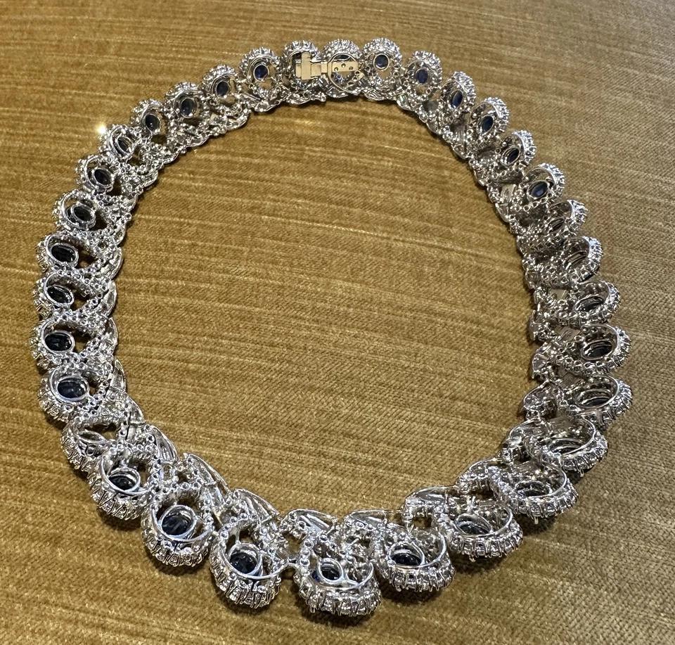 GIA Natural Sapphire and Diamond Collar Necklace in 18k White Gold For Sale 3