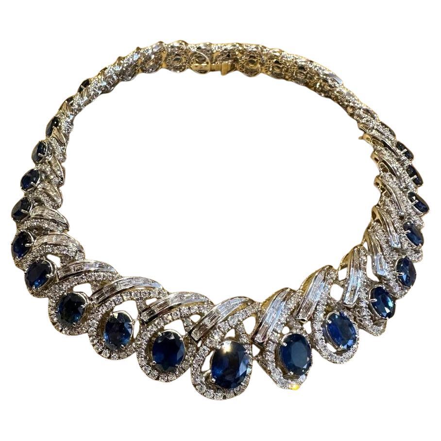 GIA Natural Sapphire and Diamond Collar Necklace in 18k White Gold For Sale