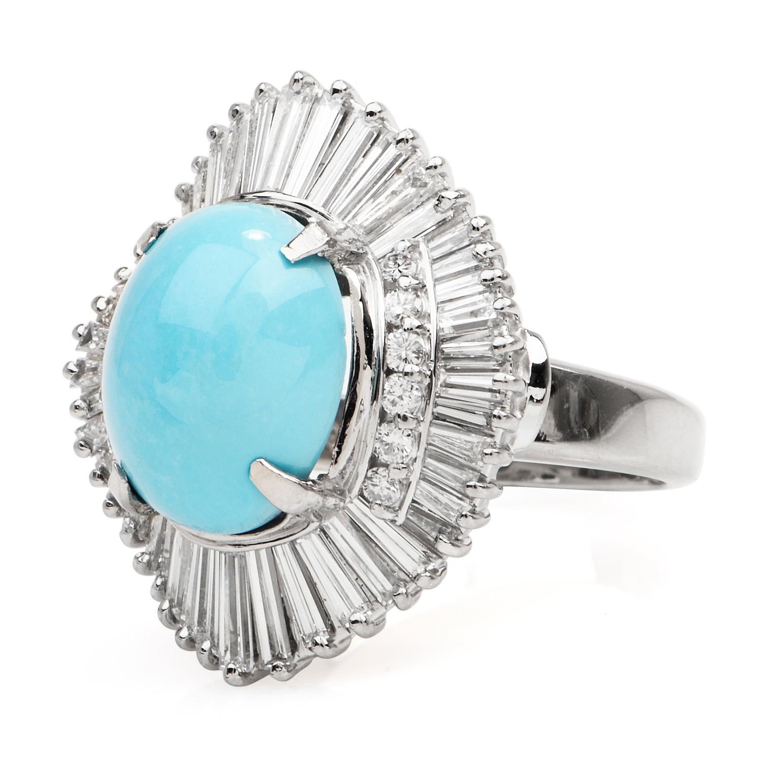 Cabochon GIA Natural Turquoise Diamond Platinum Large Ballerina Cocktail Ring For Sale