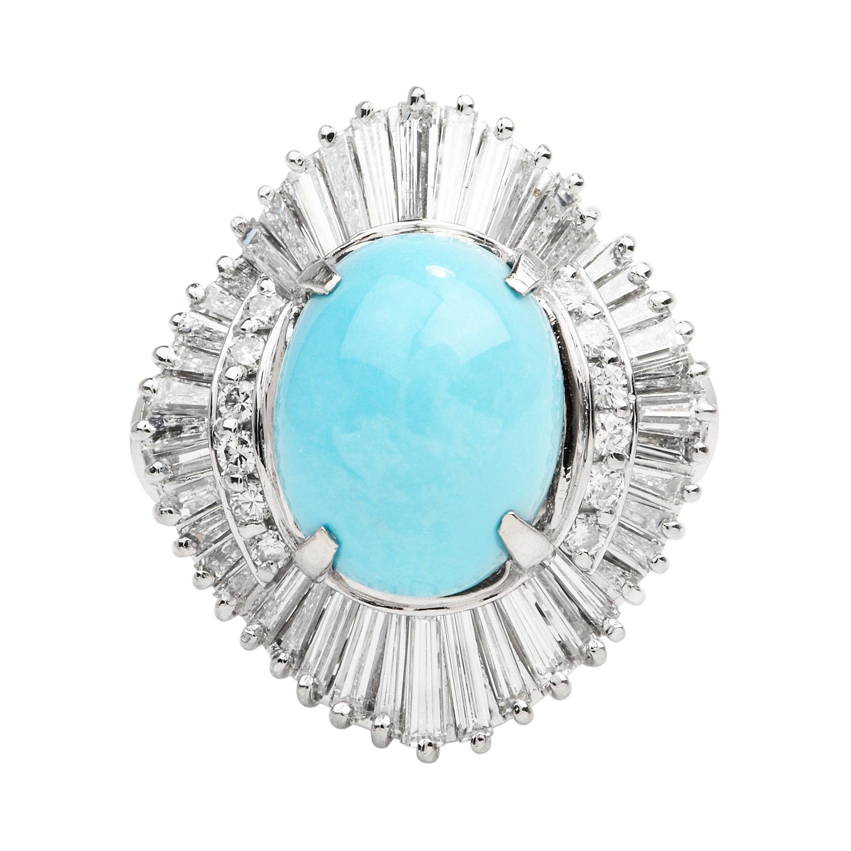 GIA Certified Light Blue Turquoise & Diamond ballerina style sparkly ring,

Crafted in solid Platinum, the center is adorned by a GIA certified Natural Bluish Green turquoise with impregnation treatment, cabochon oval cut, prong-set, weight