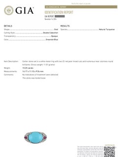 GIA Natural Turquoise, Ruby and Diamond Estate Ring in 18k White Gold