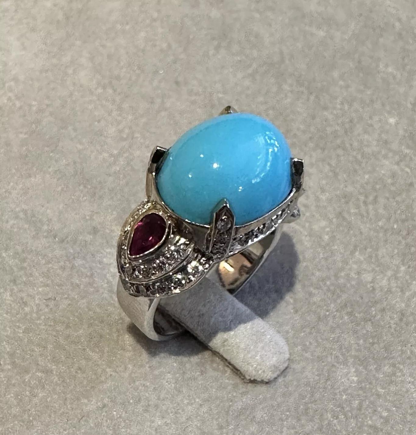 Anello GIA con turchese naturale, rubino e diamanti in oro bianco 18 carati In condizioni buone in vendita a La Jolla, CA