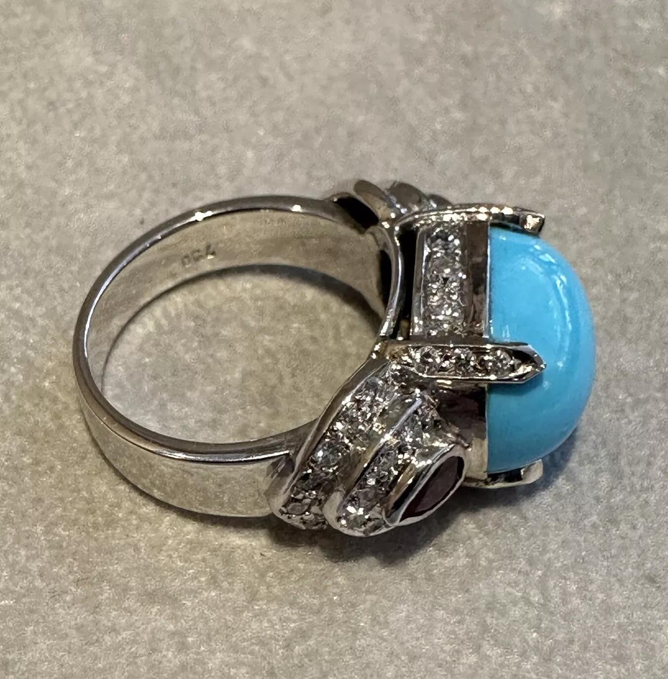 Anello GIA con turchese naturale, rubino e diamanti in oro bianco 18 carati in vendita 2