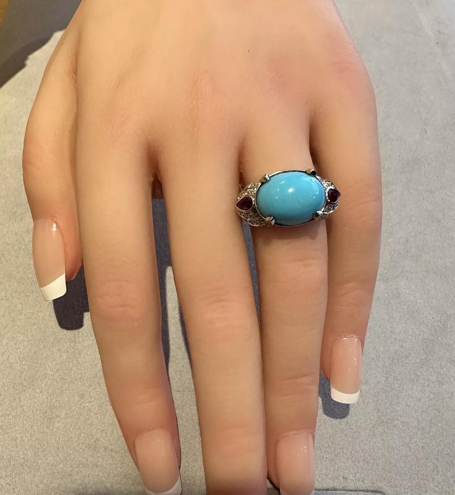 Anello GIA con turchese naturale, rubino e diamanti in oro bianco 18 carati in vendita 4