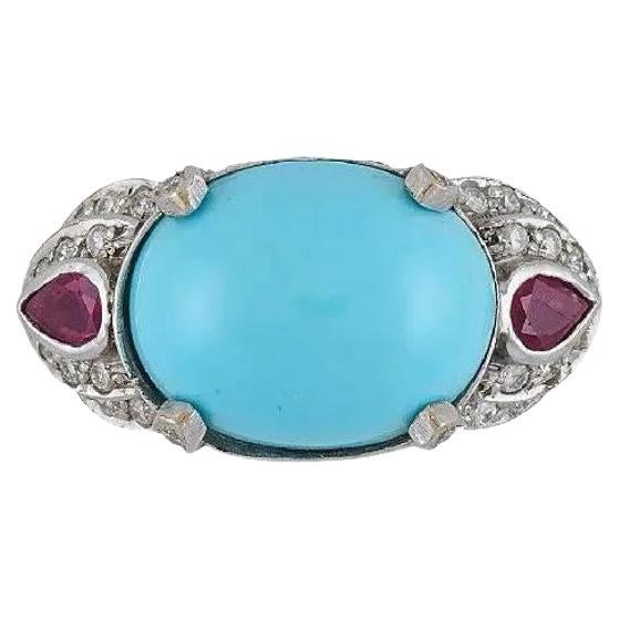 GIA Natural Turquoise, Ruby and Diamond Estate Ring in 18k White Gold