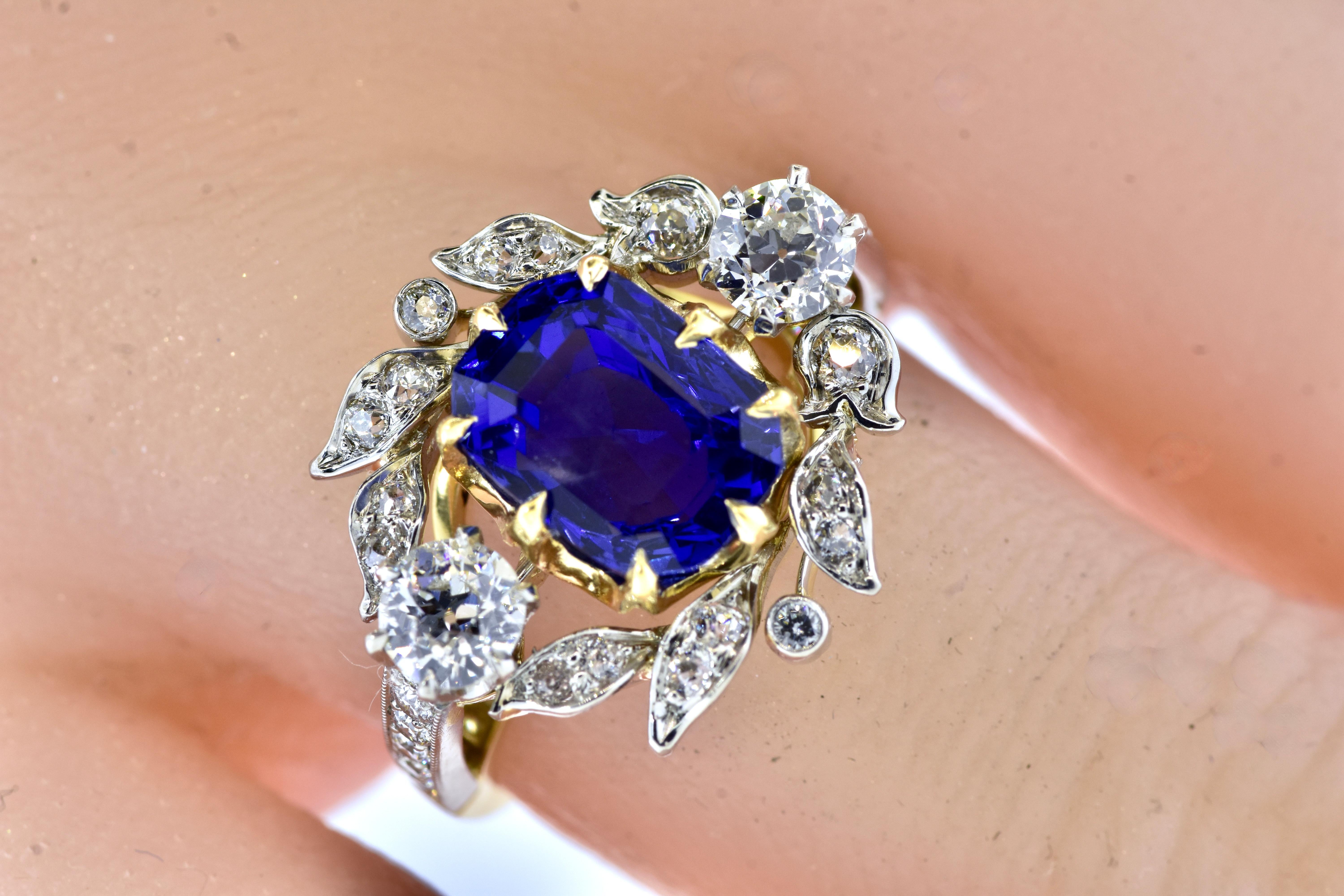 Edwardian GIA Natural Unheated Ceylon Sapphire 4.54 cts. & Diamond Antique Ring, c. 1920