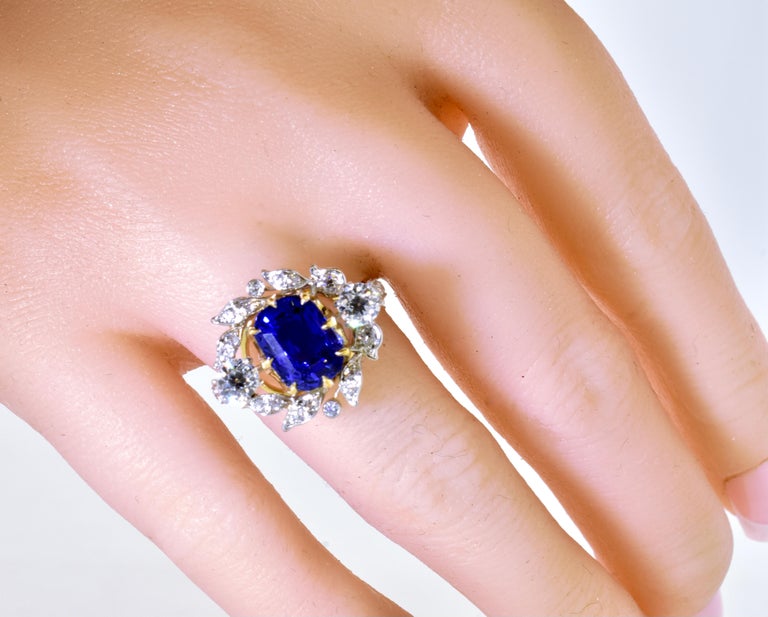 Women's or Men's GIA Natural Unheated Ceylon Sapphire 4.54 cts. & Diamond Antique Ring, c. 1920 For Sale
