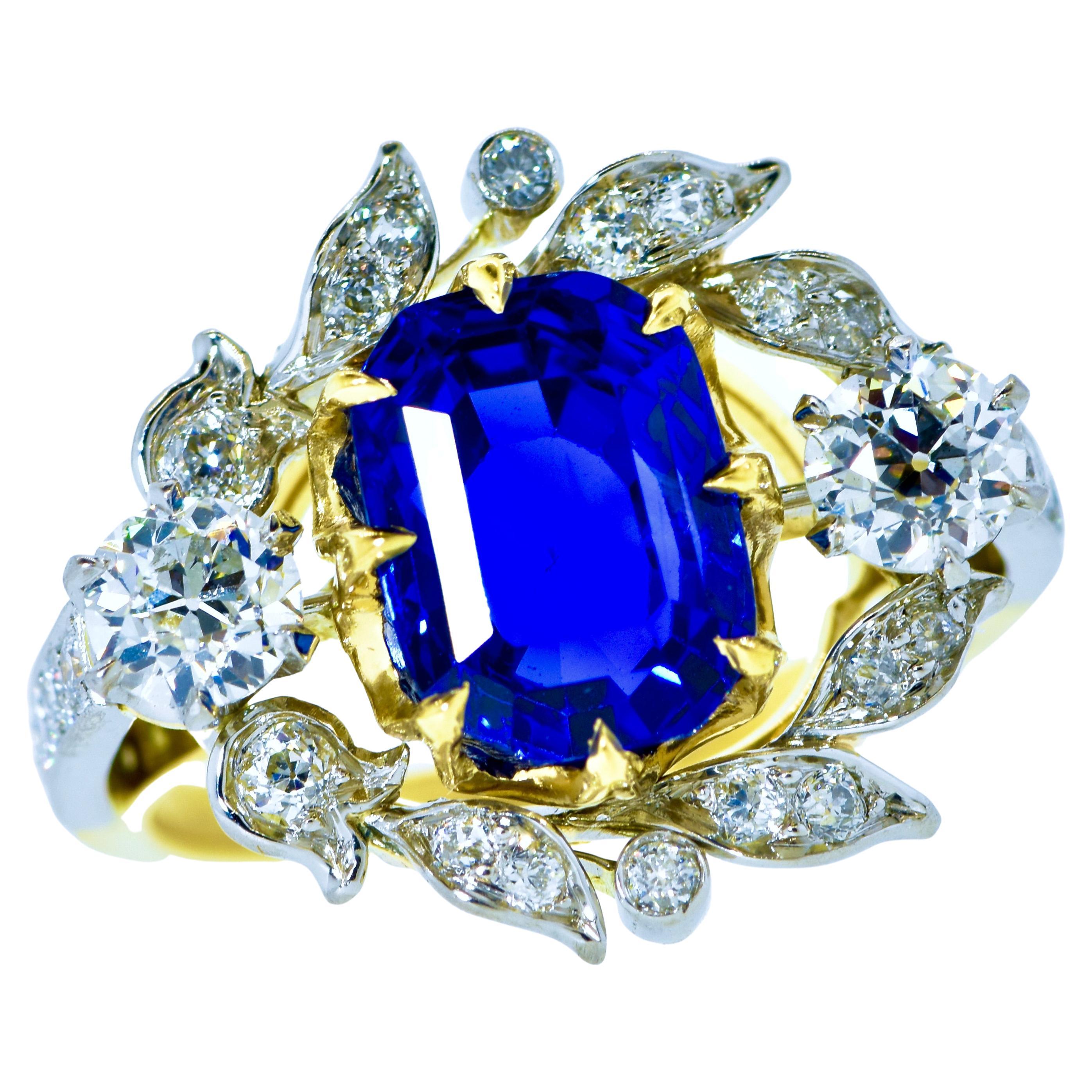 GIA Natural Unheated Ceylon Sapphire 4.54 cts. & Diamond Antique Ring, c. 1920