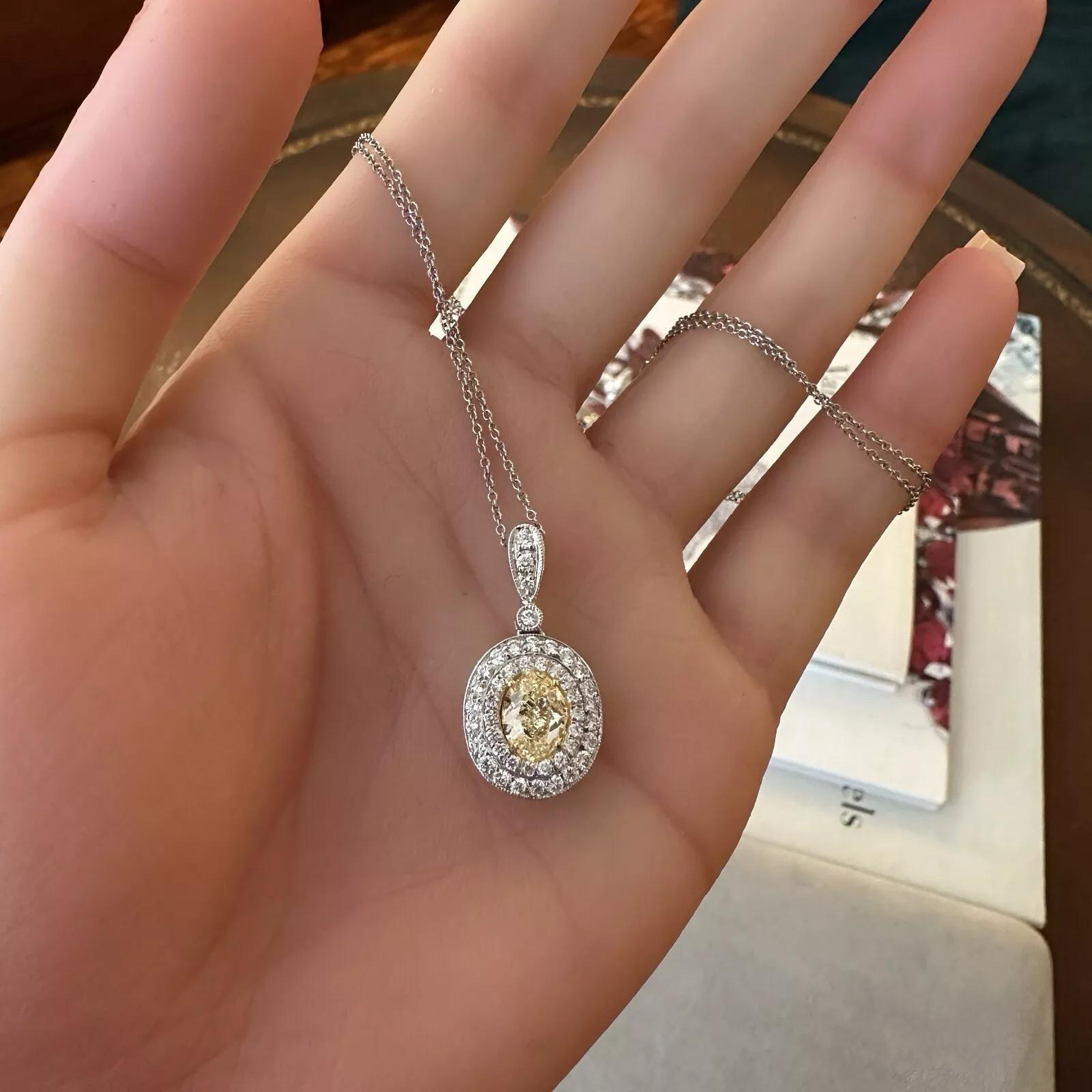 GIA Natural Yellow 1.50 carat Oval Diamond Pendant Necklace in White Gold In Excellent Condition For Sale In La Jolla, CA