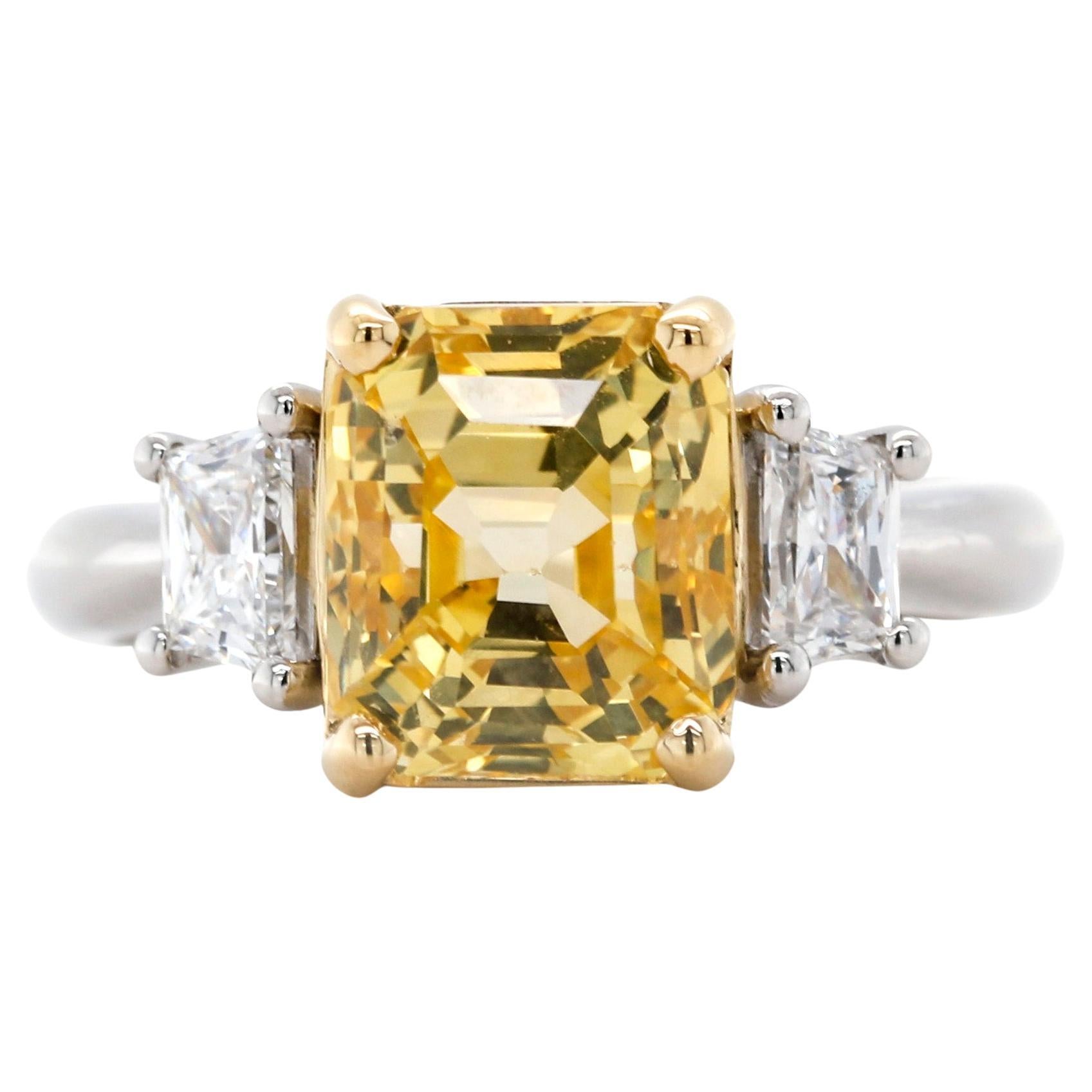 GIA No Heat 5.59 Carat Yellow Sapphire and Diamond Ring in 18k White Gold For Sale