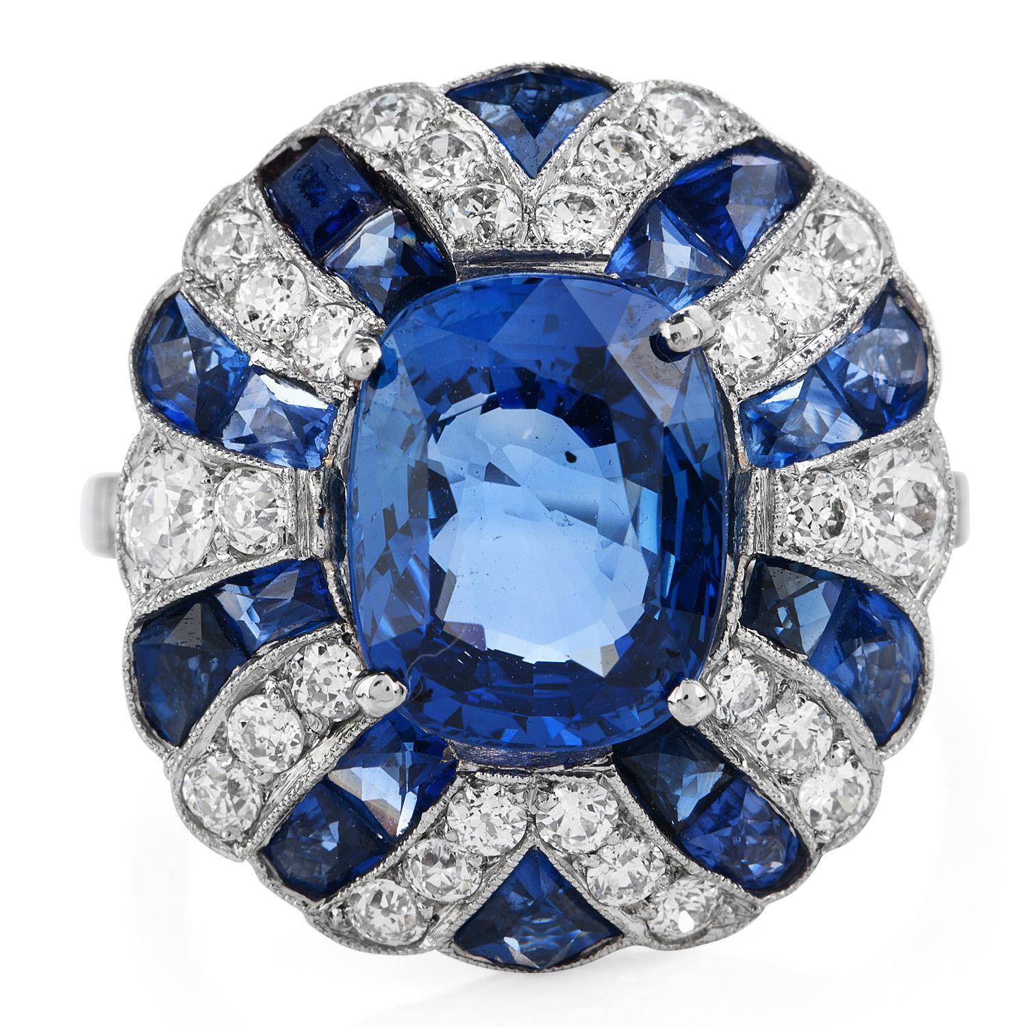 Feminine and elegant, this GIA-certified diamond and sapphire ring is the perfect addition to your collection.

Crafted in platinum, the center stone is a natural cushion-cut sapphire of approximately 3.74 carats. 

Accenting the focal point are