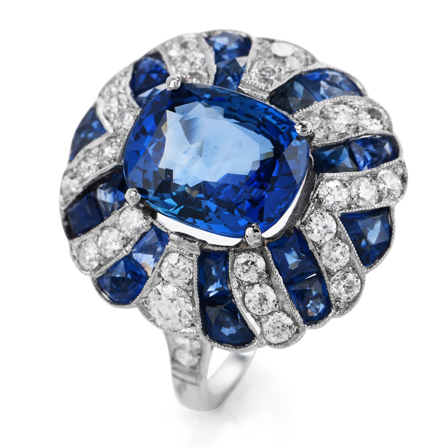 Women's or Men's GIA No Heat Blue Sapphire Diamond Platinum Retro Cocktail Ring