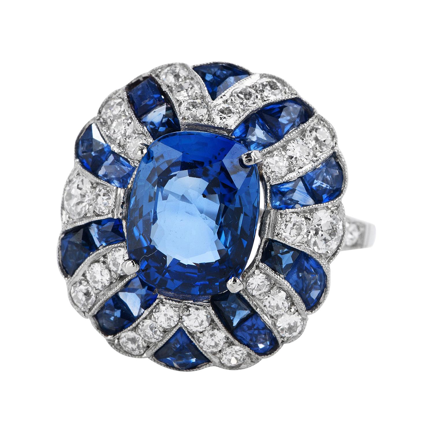 GIA No Heat Blue Sapphire Diamond Platinum Retro Cocktail Ring