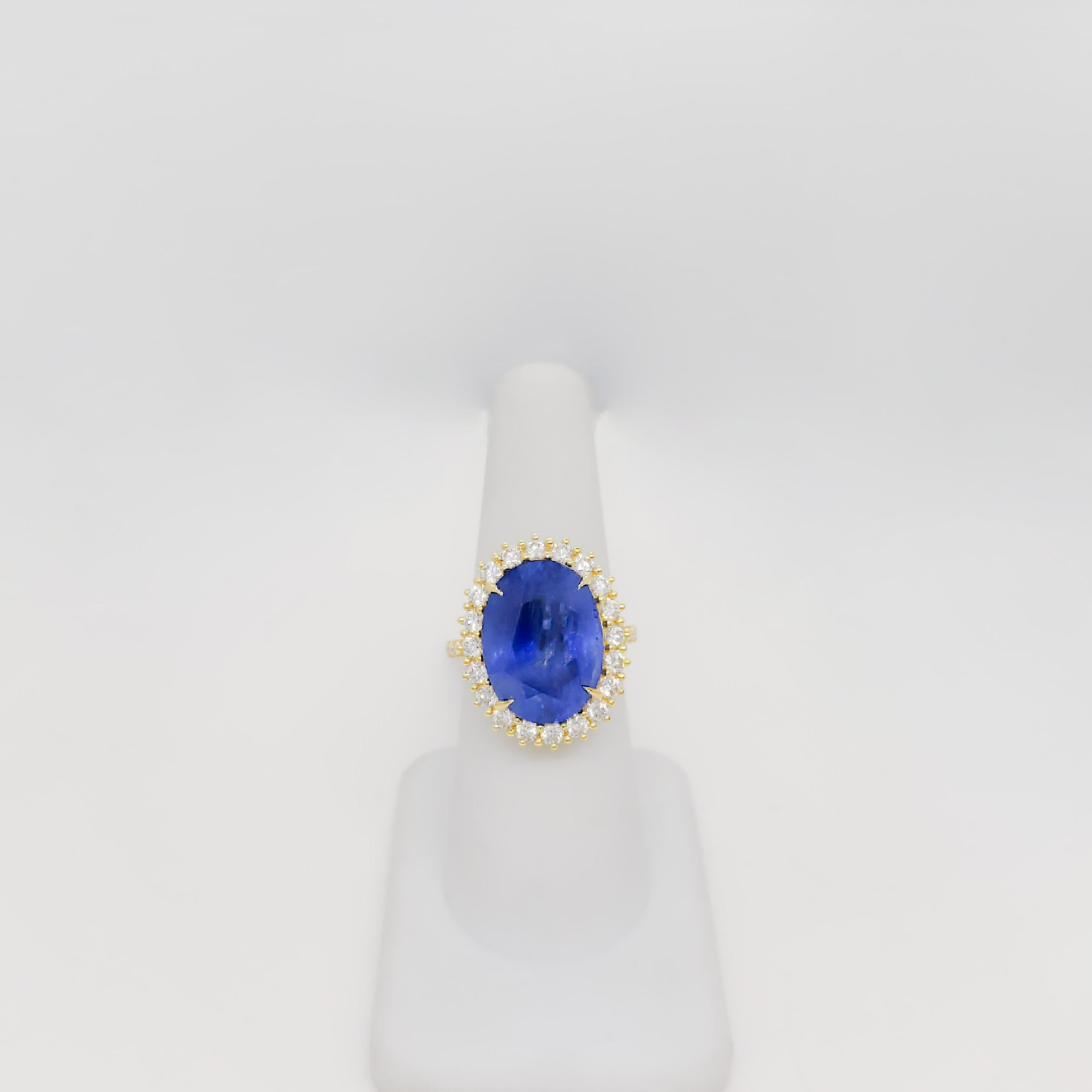 Oval Cut GIA No Heat Burma Blue Sapphire and White Diamond Cocktail Ring in 18k Yellow For Sale