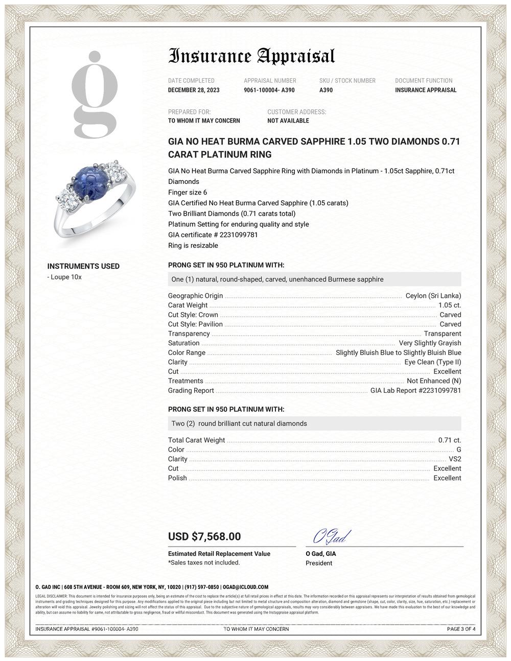 Contemporain Bague en platine 0,71 carat avec saphir sculpté de Birmanie non chauffé 1,05 carat et deux diamants certifiés GIA  en vente