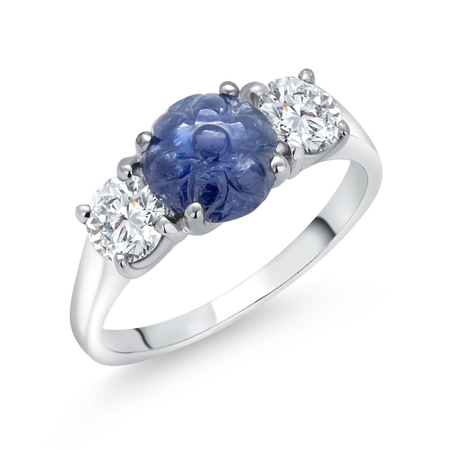 GIA No Heat Burma Carved Sapphire 1.05 Two Diamonds 0.71 Carat Platinum Ring  For Sale 2