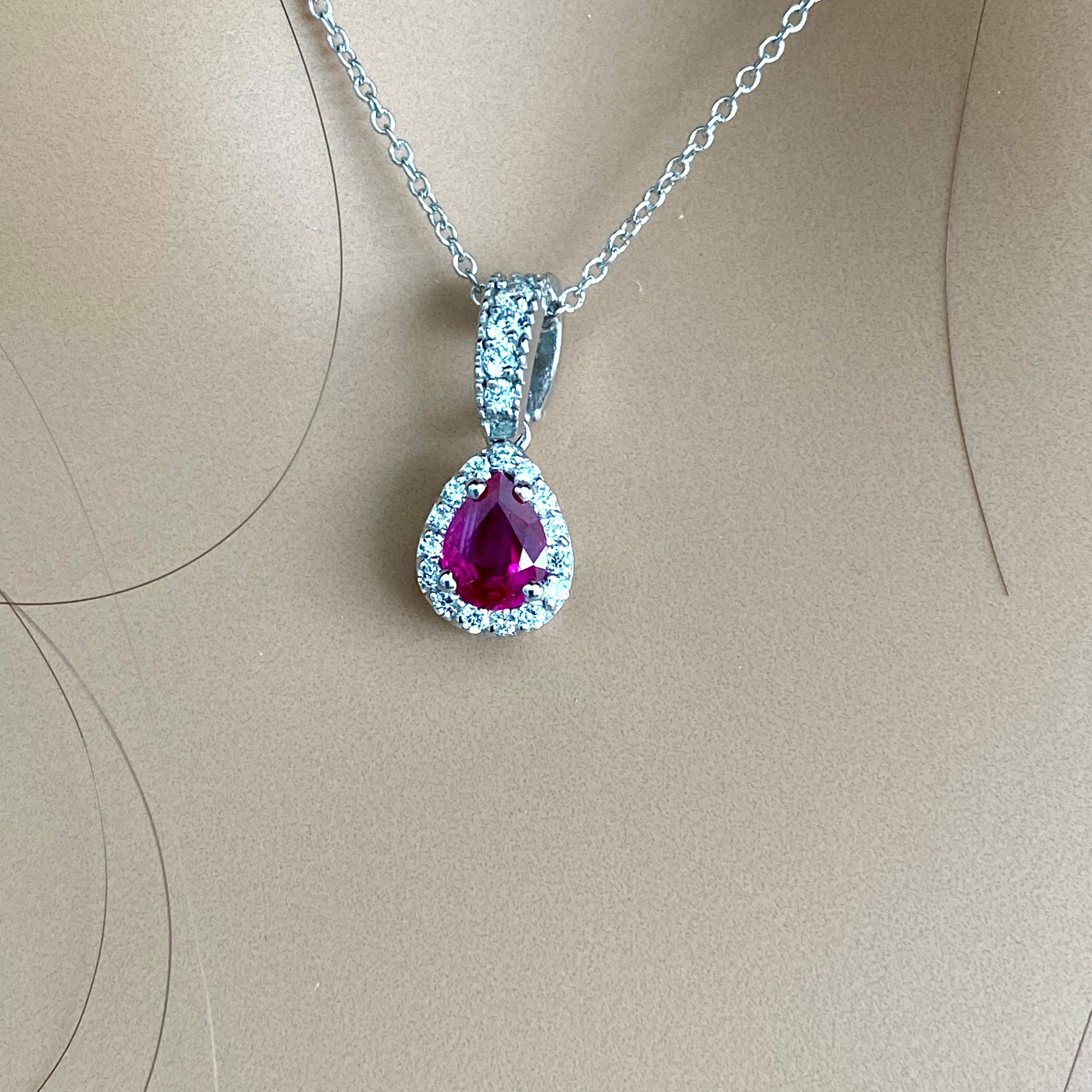 Pear Cut GIA Certified No Heat Burma Pear Shaped Ruby Diamond Platinum Pendant Necklace