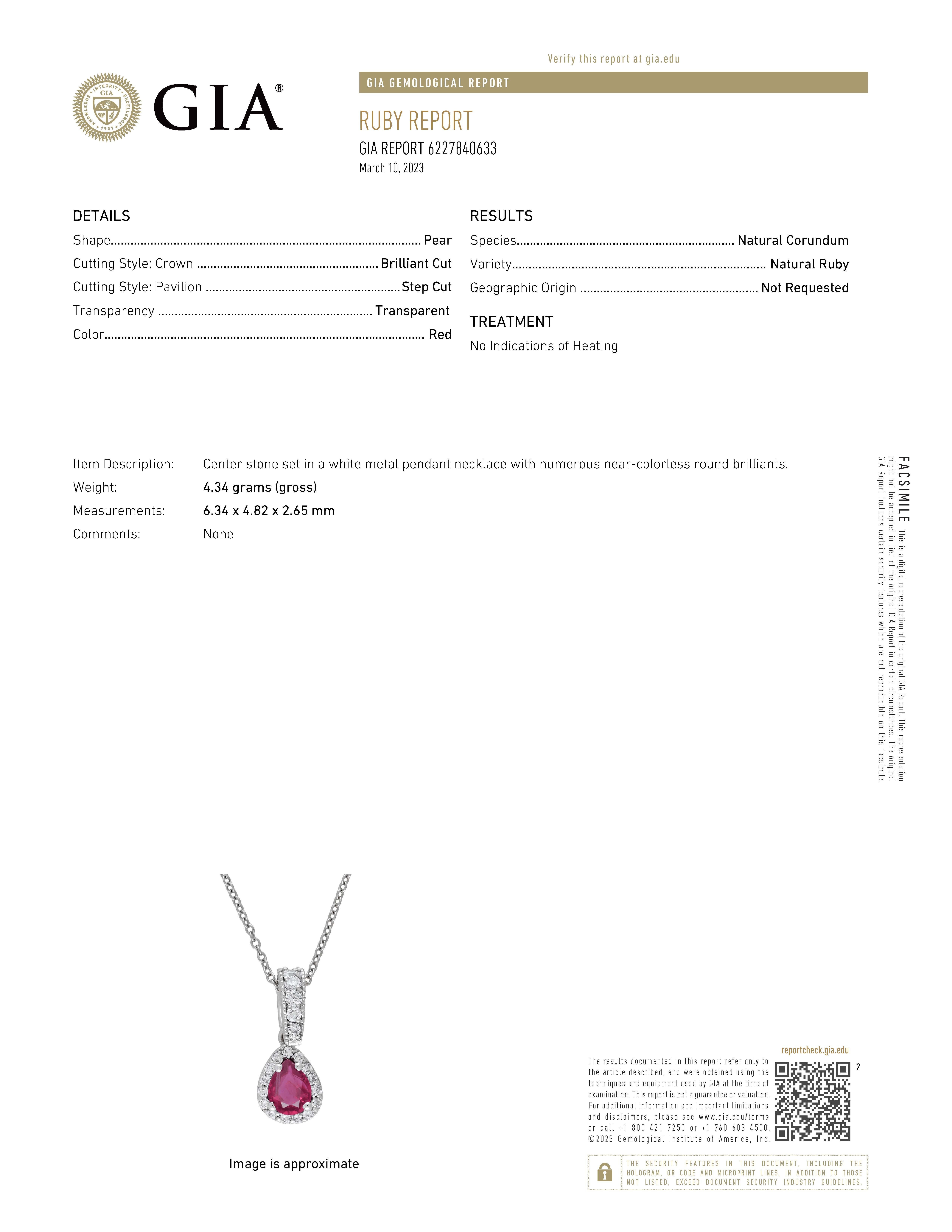 The GIA No Heat Burma Pear Shaped Ruby Diamond Platinum Pendant Necklace is a high-end piece of jewelry that features a pear-shaped Burmese ruby at its center. The ruby has been certified by the Gemological Institute of America (GIA) as having no