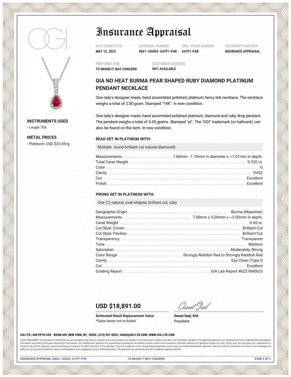 Contemporary GIA Certified No Heat Burma Pear Shaped Ruby Diamond Platinum Pendant Necklace