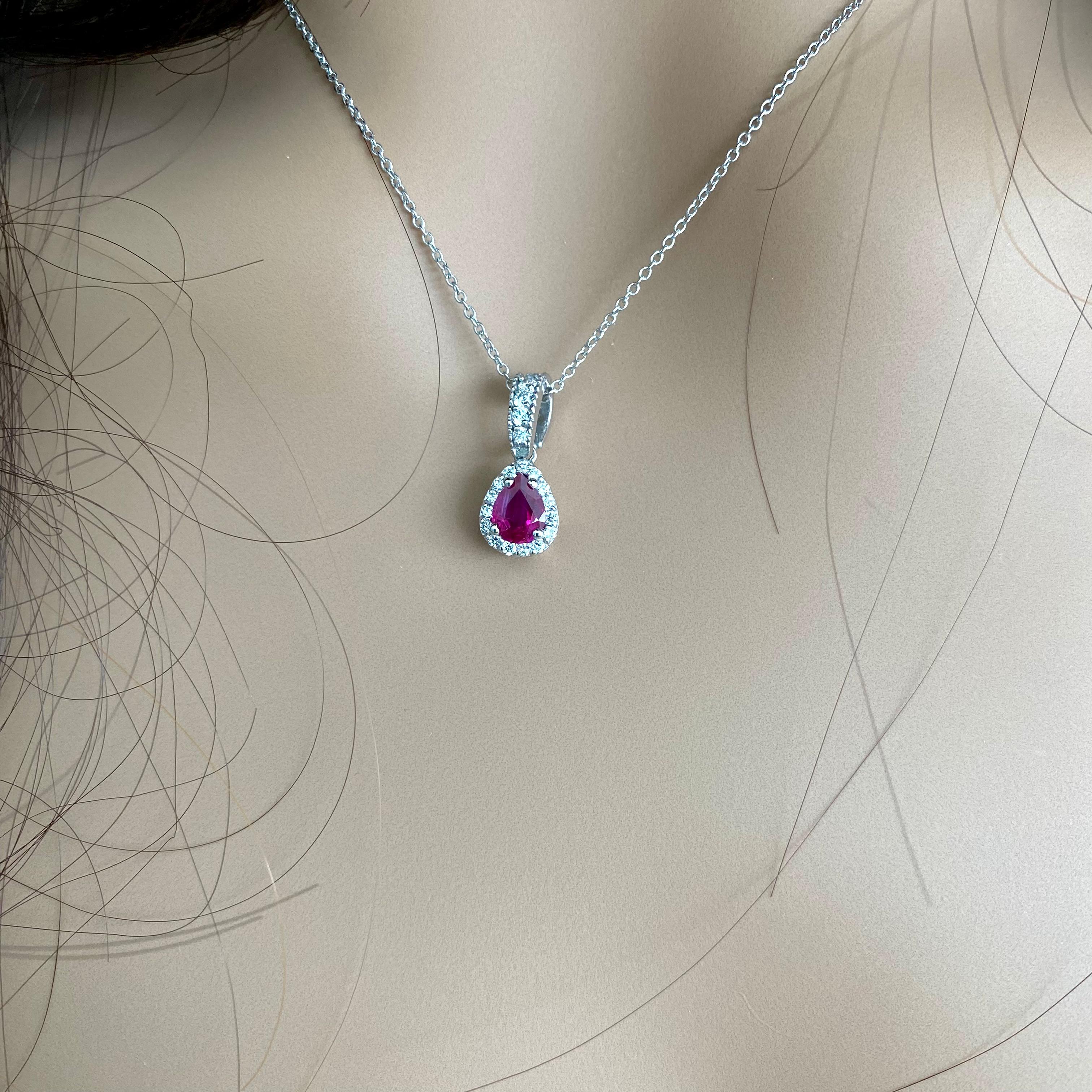 GIA Certified No Heat Burma Pear Shaped Ruby Diamond Platinum Pendant Necklace In New Condition In New York, NY