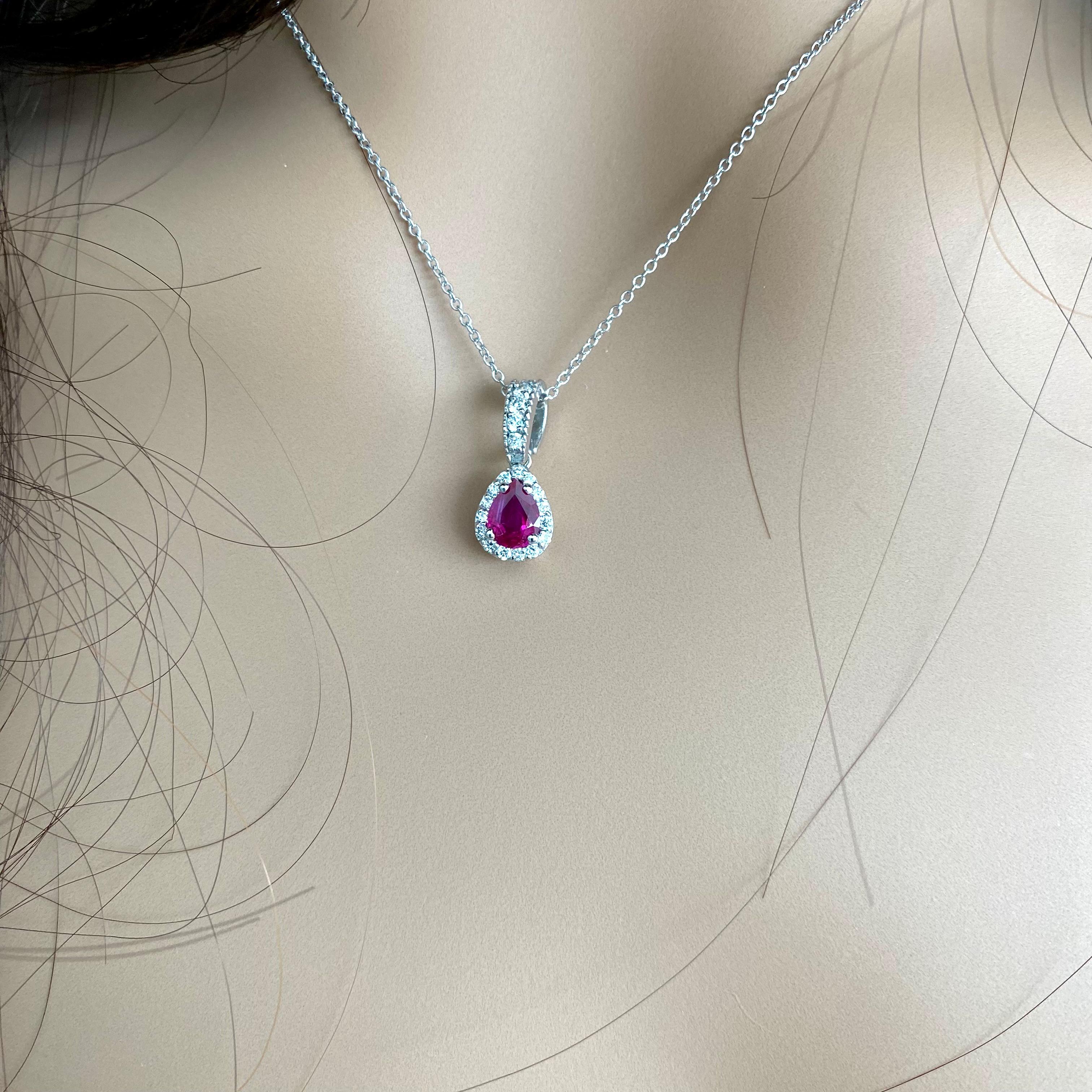 GIA Certified No Heat Burma Pear Shaped Ruby Diamond Platinum Pendant Necklace 2
