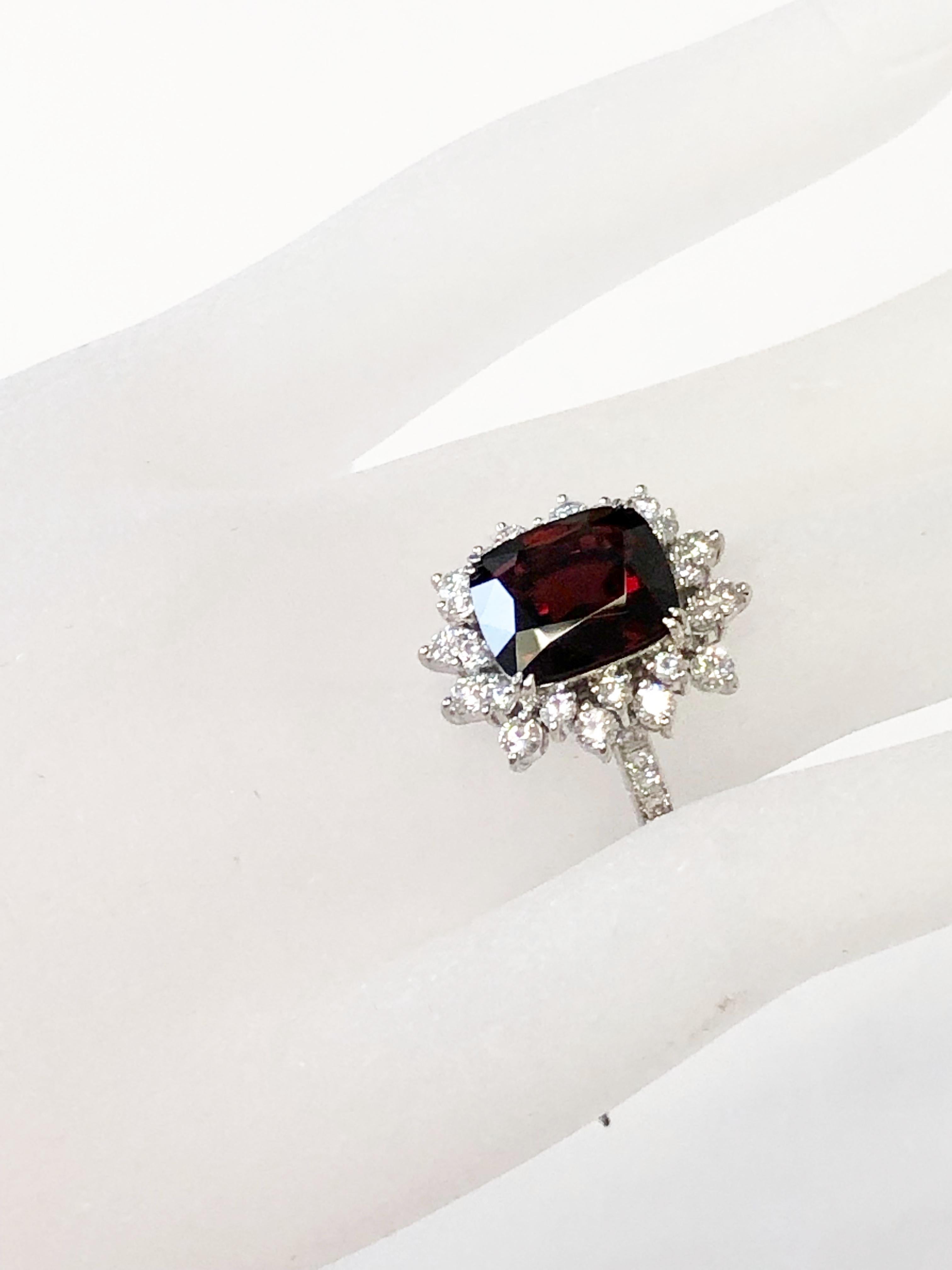 GIA No Heat Burma Red Spinel Cushion and White Diamond Cocktail Ring in Platinum In New Condition In Los Angeles, CA