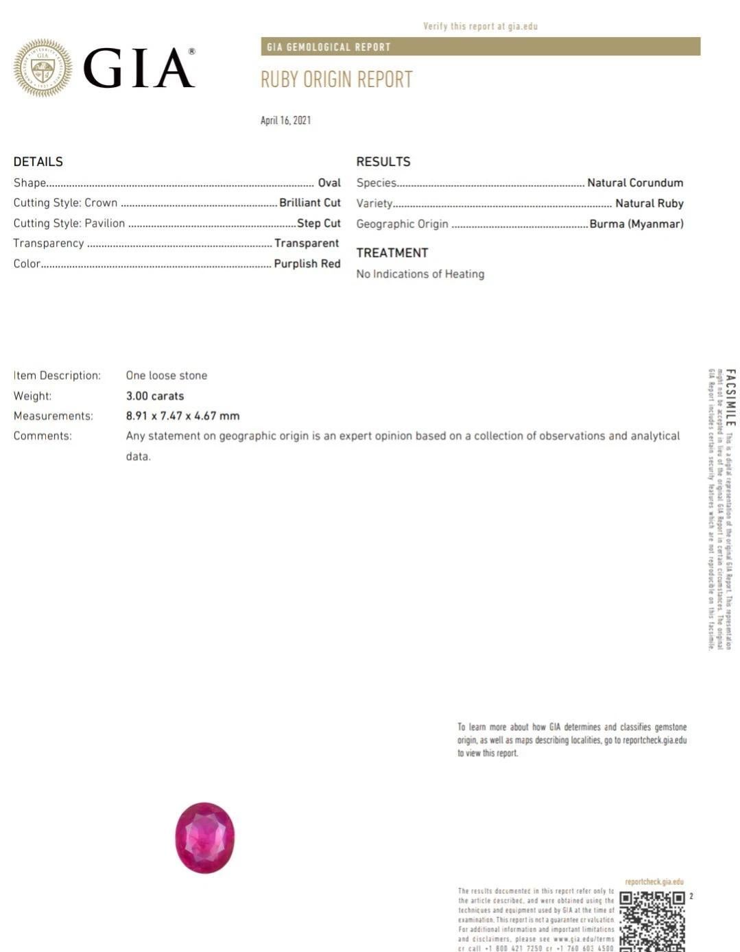 GIA Certified No Heat Burma Ruby 3.00 ct in Diamond and 18k Yellow Gold Setting (Rubis de Birmanie certifié sans chaleur 3.00 ct dans une monture en diamant et or jaune 18k)

La bague rubis et diamant présente un rubis ovale naturel de 3,00 carats