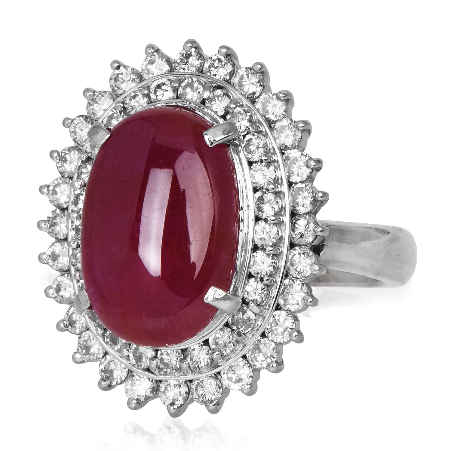 GIA No Heat Cabochon 7.57ct Ruby Diamond Platinum Cocktail Ring In Good Condition For Sale In Miami, FL