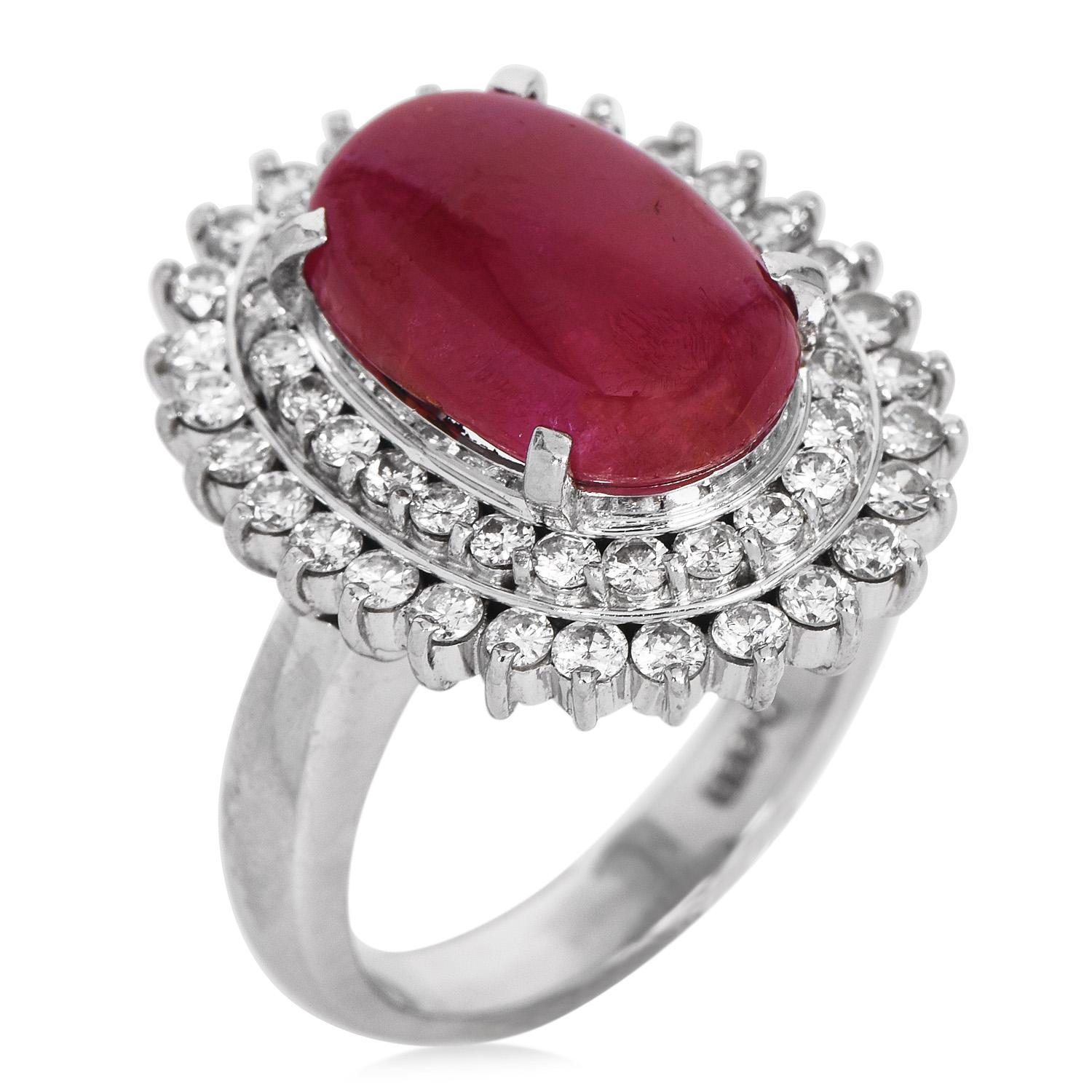 GIA No Heat Cabochon 7.57ct Ruby Diamond Platinum Cocktail Ring For Sale 1