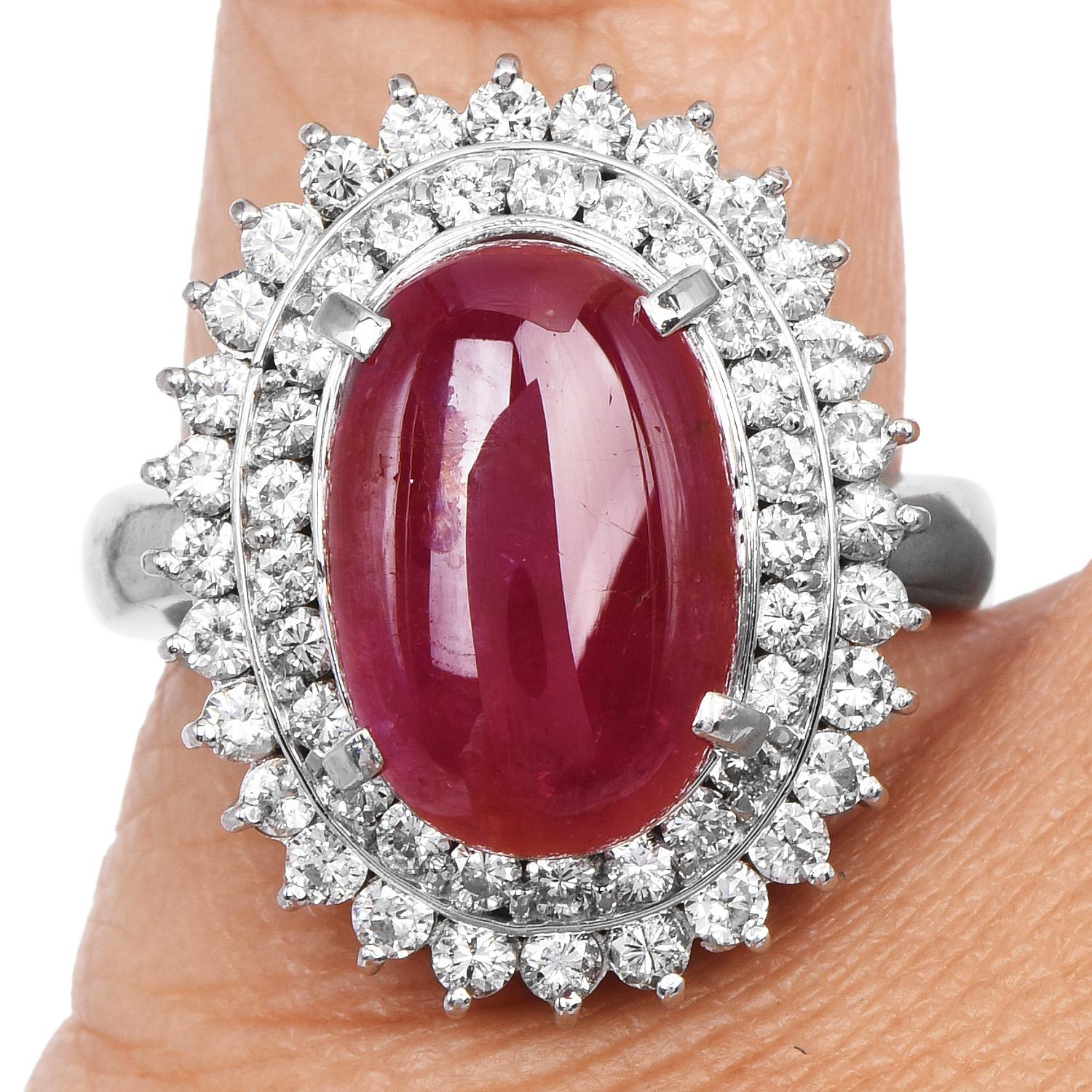 GIA No Heat Cabochon 7.57ct Ruby Diamond Platinum Cocktail Ring For Sale 2