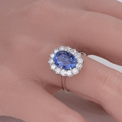 G.I.A. No Heat Ceylon Sapphire & Diamond Halo Handmade Princess Diana Style Ring