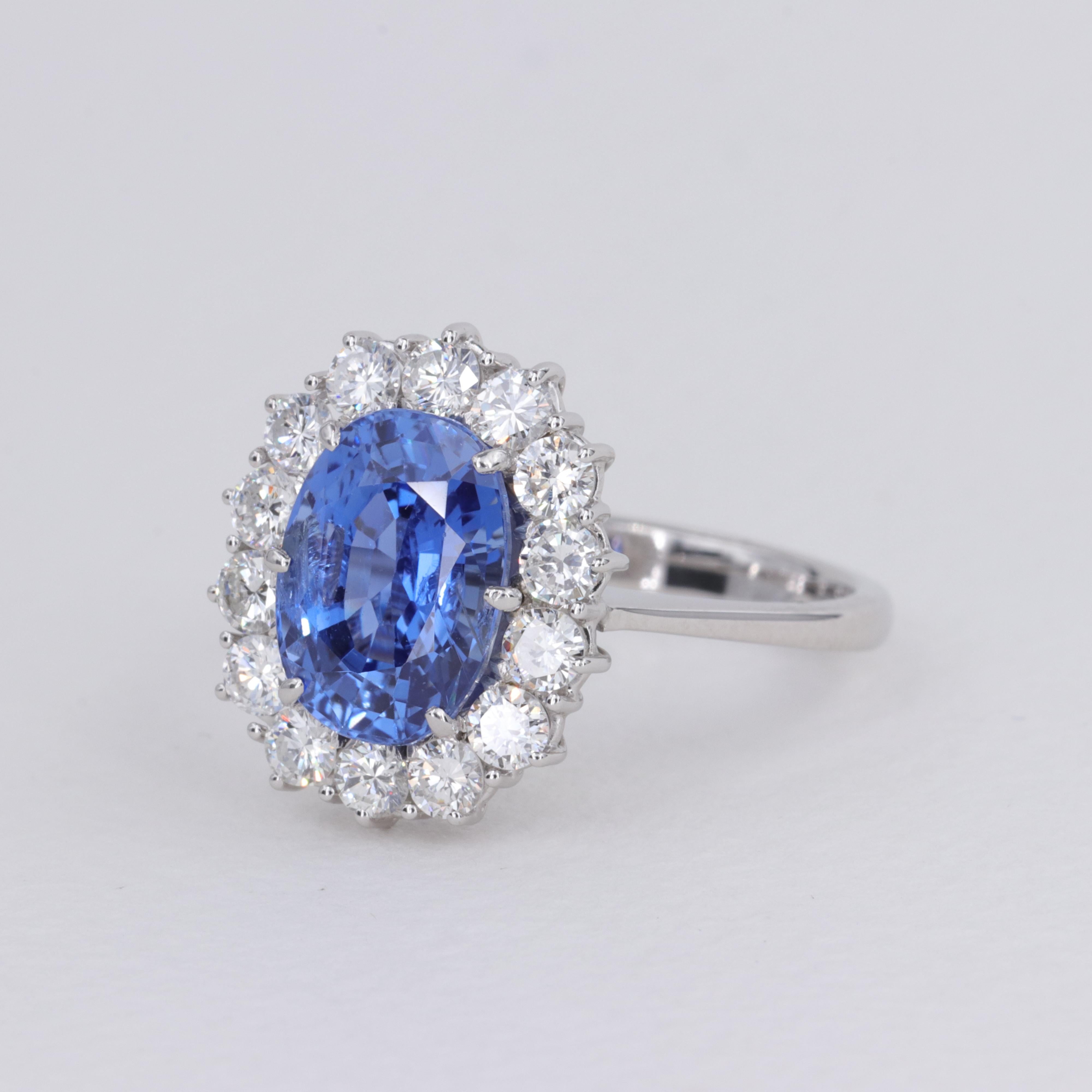 Oval Cut G.I.A. No Heat Ceylon Sapphire & Diamond Halo Handmade Princess Diana Style Ring For Sale