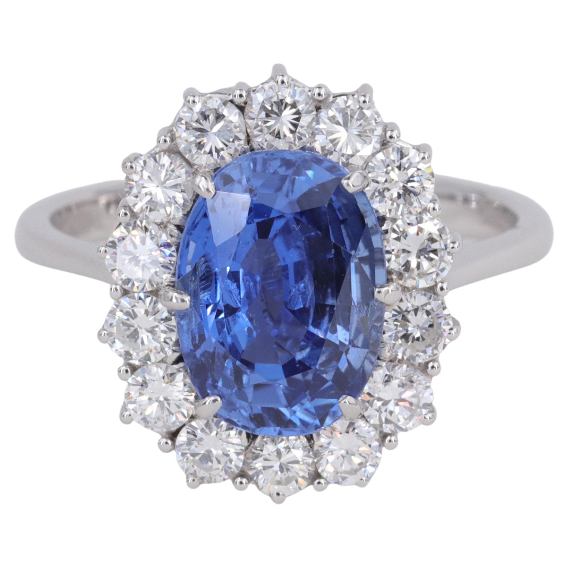 G.I.A. No Heat Ceylon Sapphire & Diamond Halo Handmade Princess Diana Style Ring For Sale
