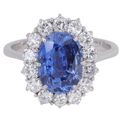 G.I.A. No Heat Ceylon Sapphire & Diamond Halo Handmade Princess Diana Style Ring