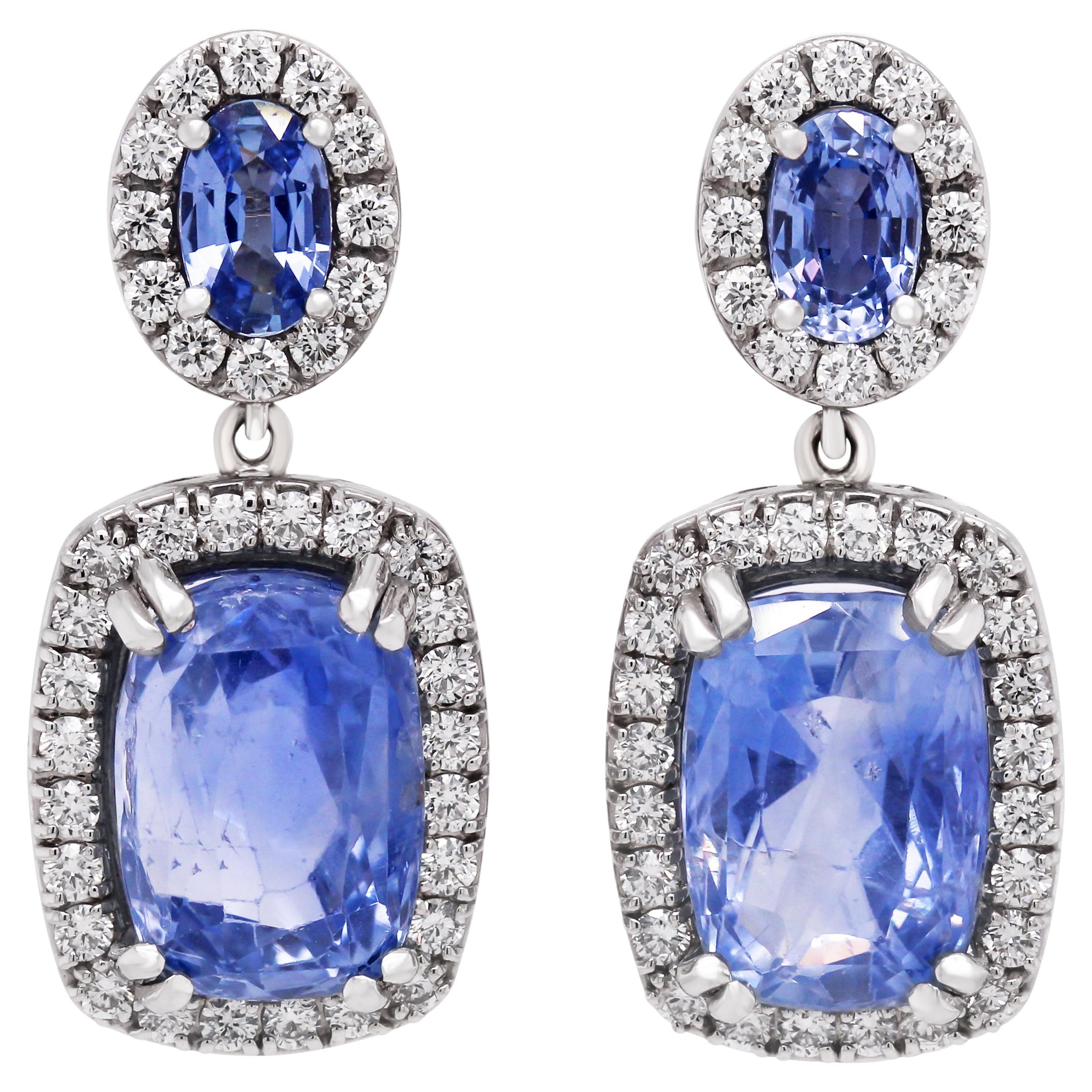 GIA No Heat Cushion Cut Blue Sapphire Diamond White Gold Drop Dangle Earrings For Sale