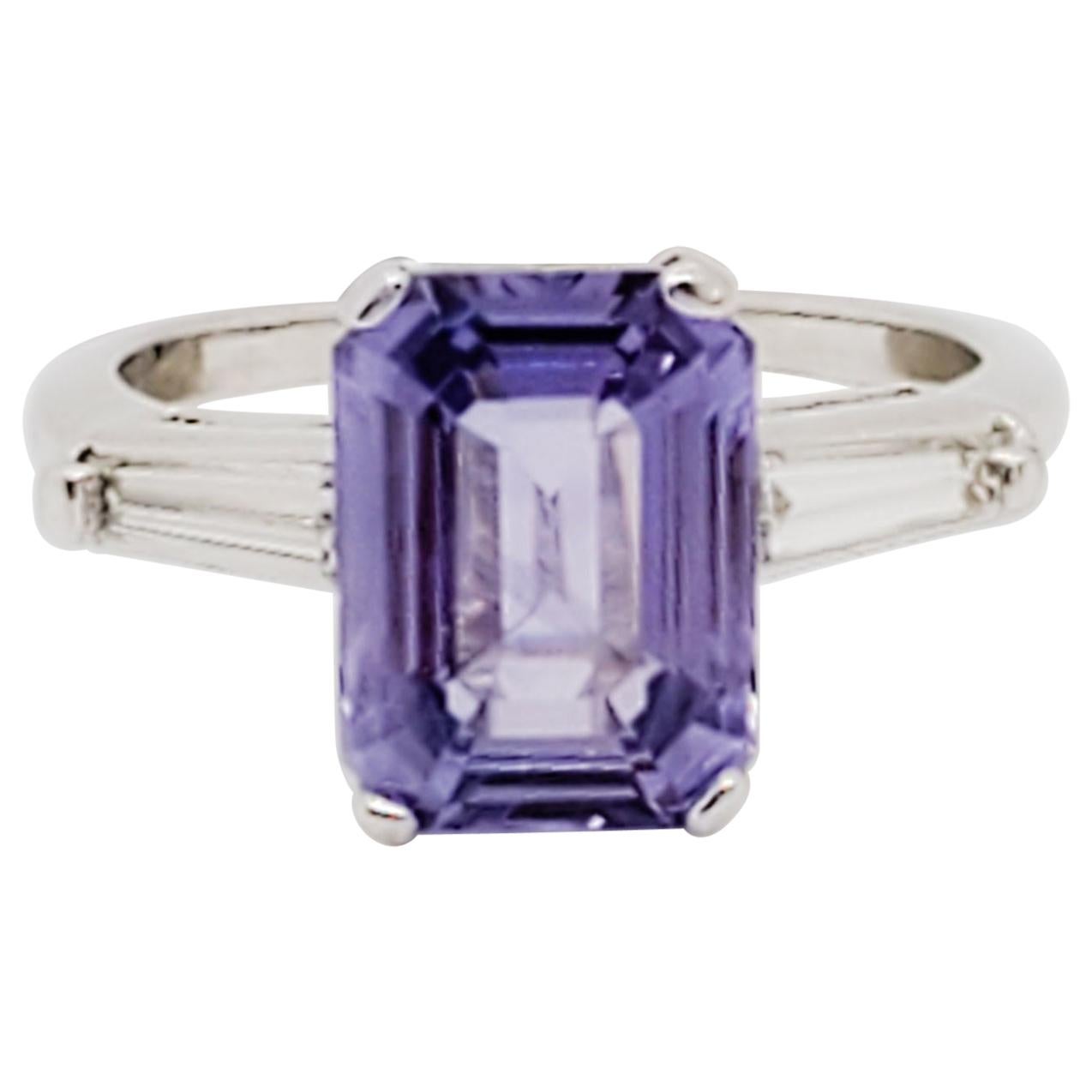 GIA No Heat Estate Sri Lanka Purple Sapphire Emerald Cut and White Diamond Ring